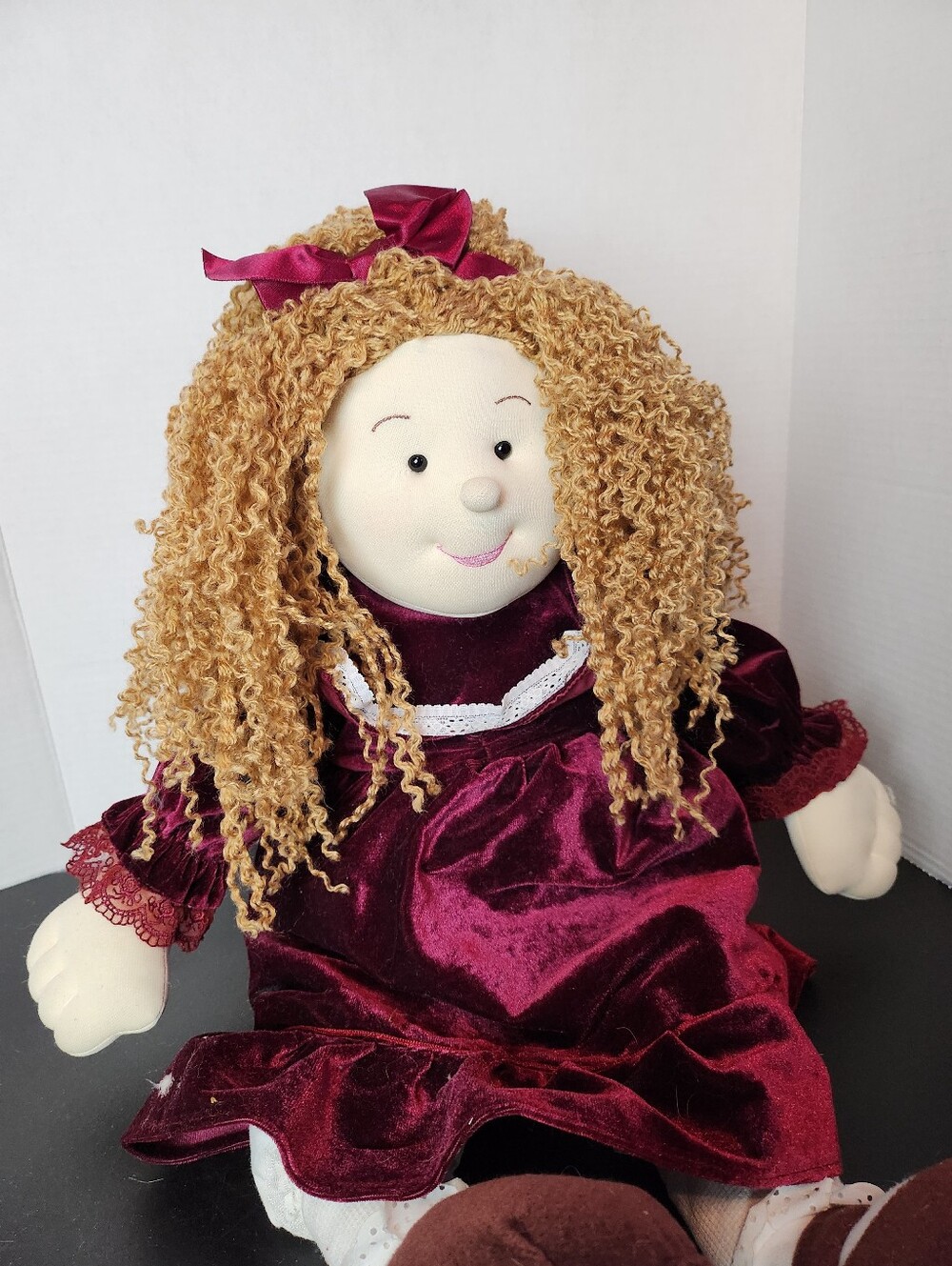 Vintage Fine Toy Cloth Rag Doll Curls Burgundy Velvet Dress